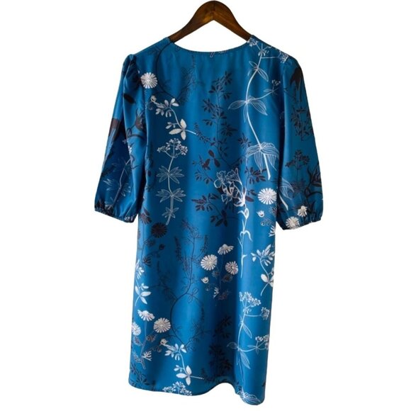 Floral V-Neck Mini Dress Sz Medium with Puff Sleeves Eco-Friendly Blue Botanical - Picture 5 of 10